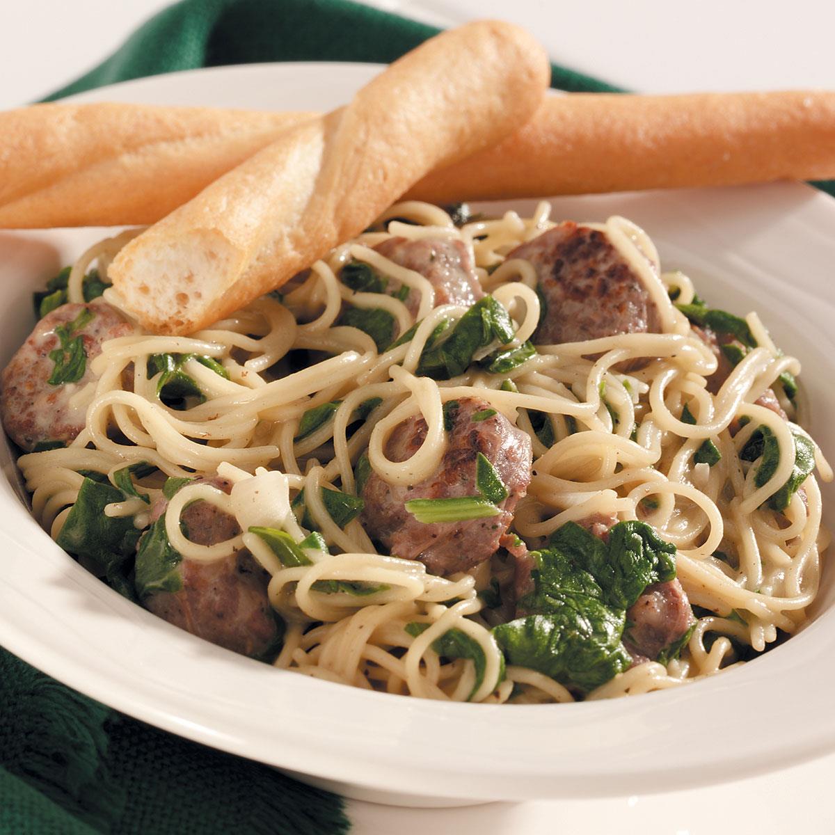 Angel Hair Pasta with Sausage & Spinach Recipe | Taste of Home