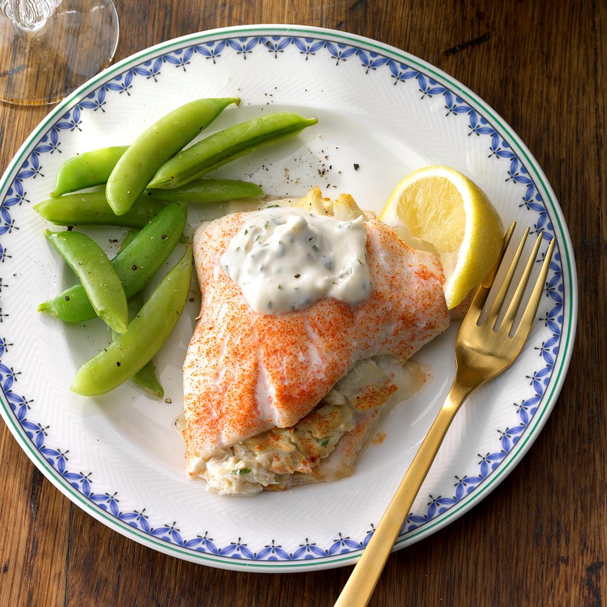 CrabStuffed Flounder with Herbed Aioli Recipe Taste of Home