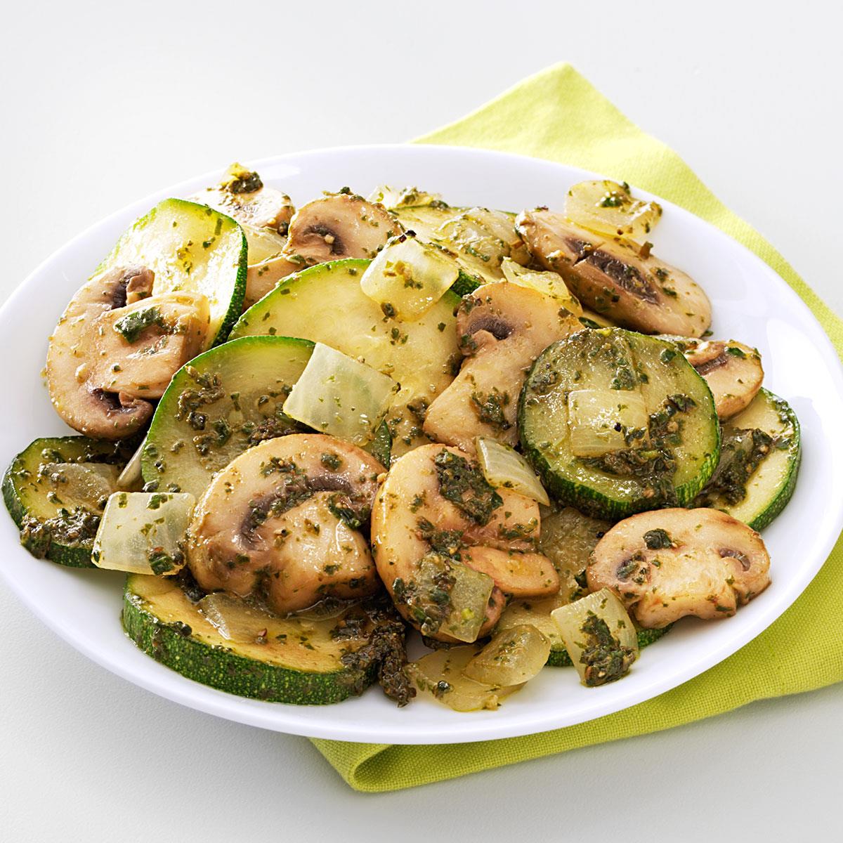Mushroom &amp; Zucchini Pesto Saute Recipe | Taste of Home