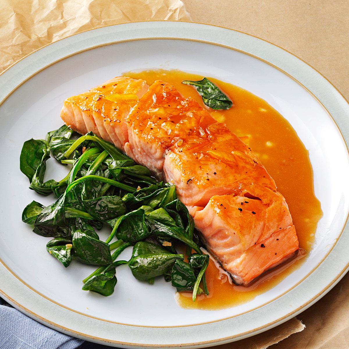 Orange Salmon with Sauteed Spinach Recipe | Taste of Home