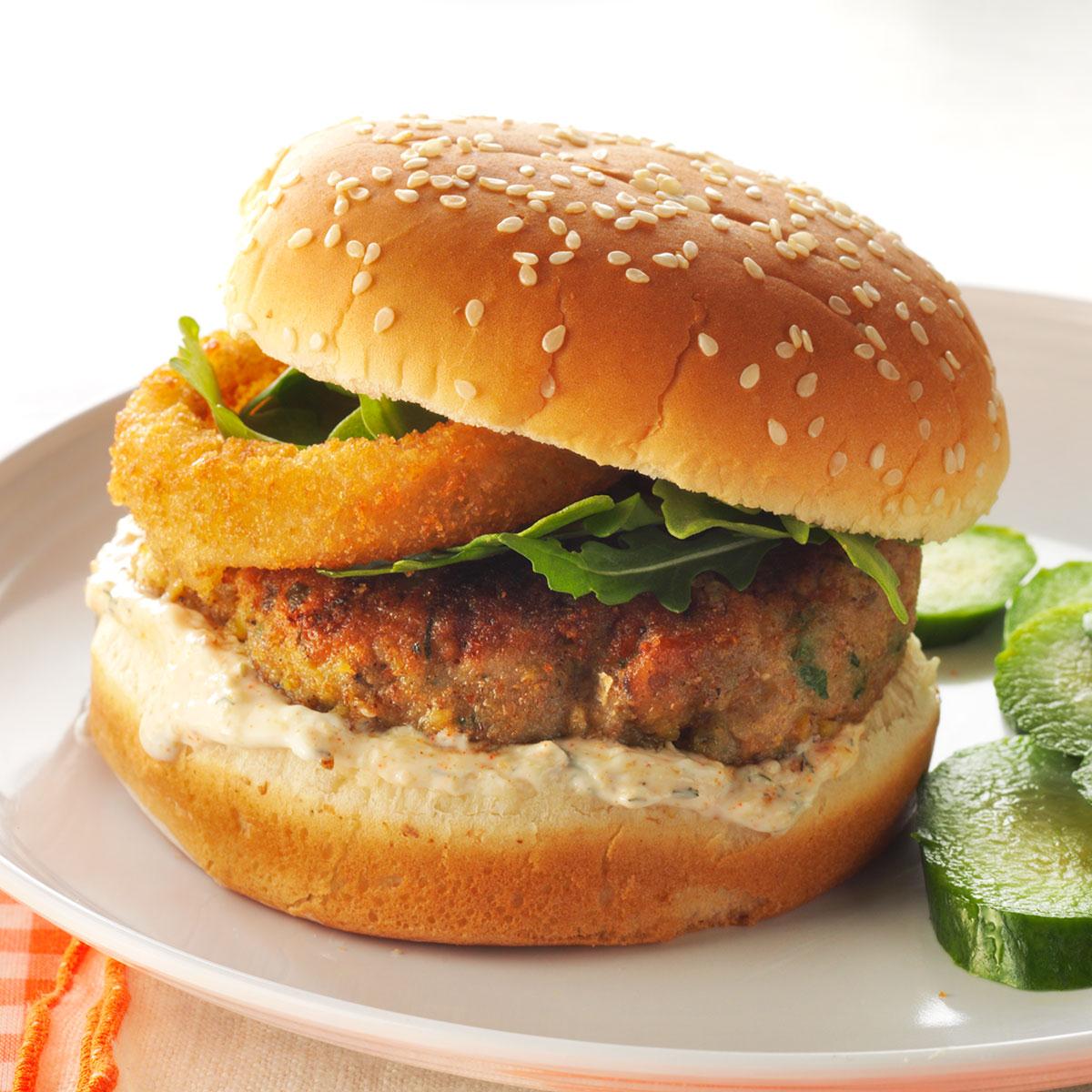 Falafel Chicken Burgers with Lemon Sauce Recipe | Taste of Home
