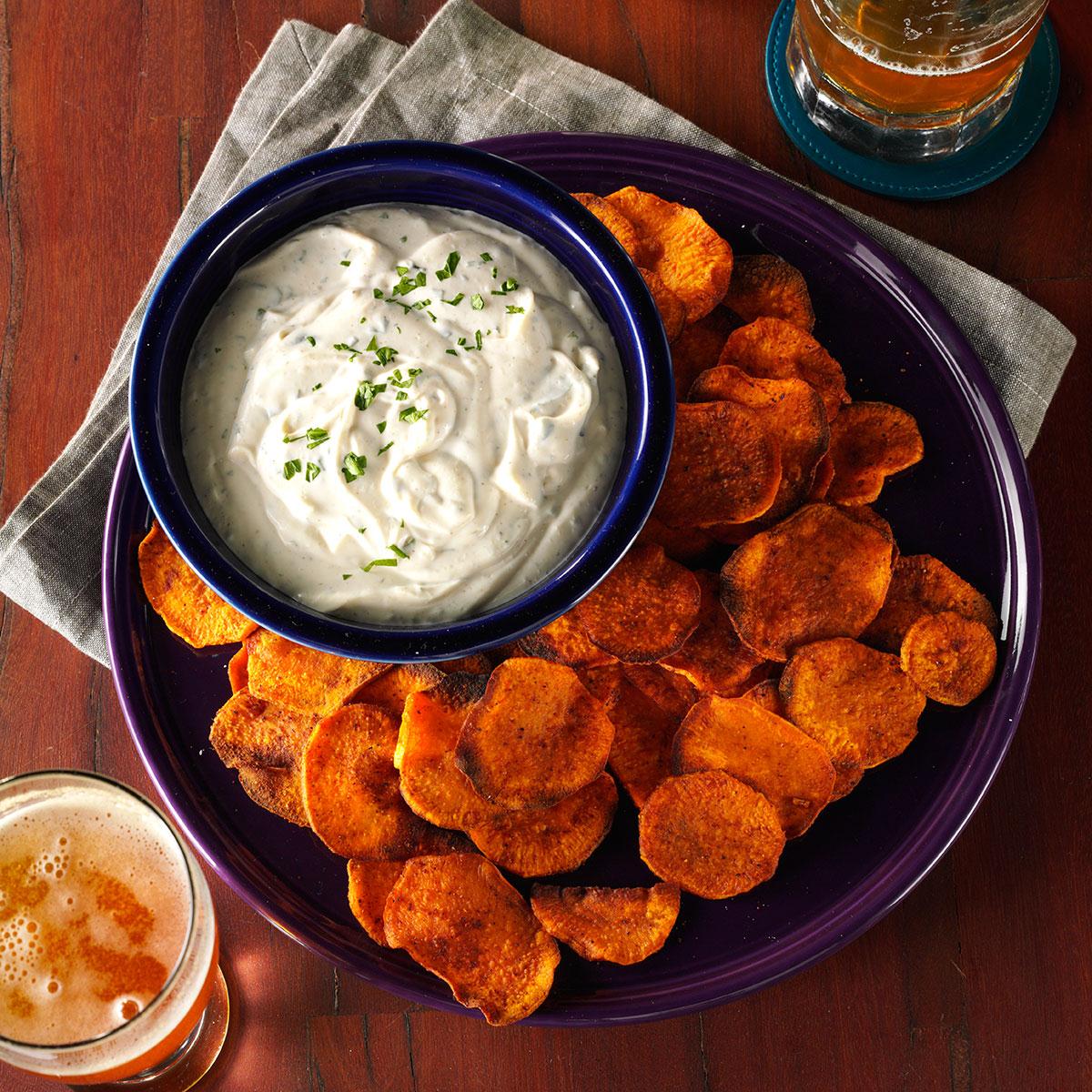 Spicy Sweet Potato Chips & Cilantro Dip Recipe Taste of Home