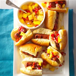 Hot Dog Sliders with Mango-Pineapple Salsa Recipe Hot Dog Sliders with Mango-Pineapple Salsa Recipe