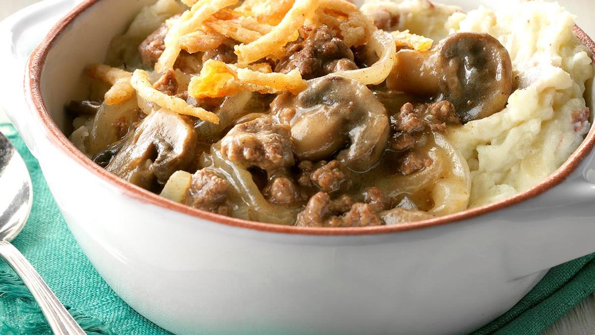 Beef And Mushrooms With Smashed Potatoes Recipe Taste Of Home