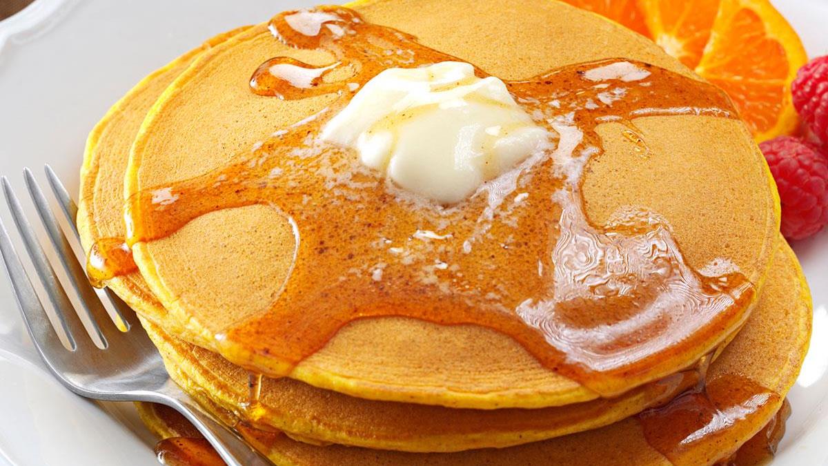 Pumpkin Pancakes With Sweet Apple Cider Syrup Recipe Taste Of Home