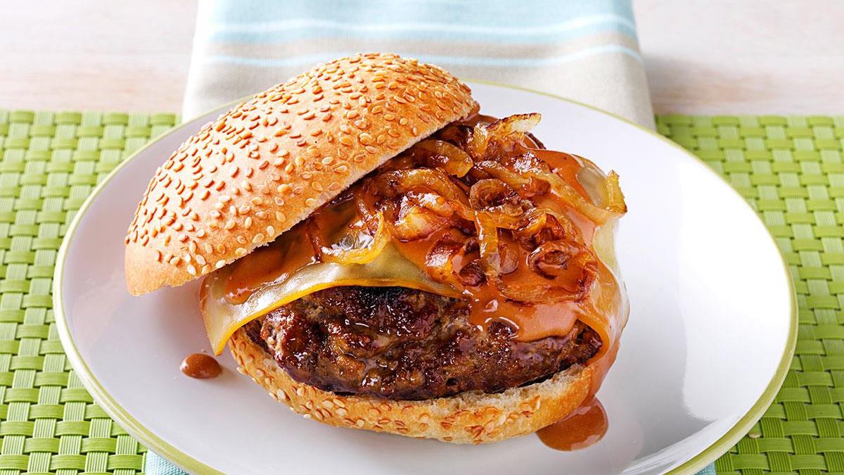 Sweet Onion Bbq Burgers Recipe How To Make It Taste Of Home