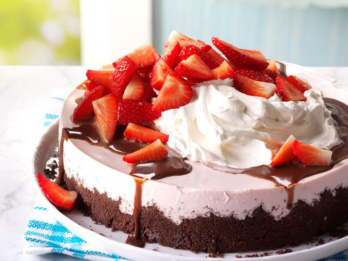 Chocolate Topped Strawberry Cheesecake Recipe Taste Of Home
